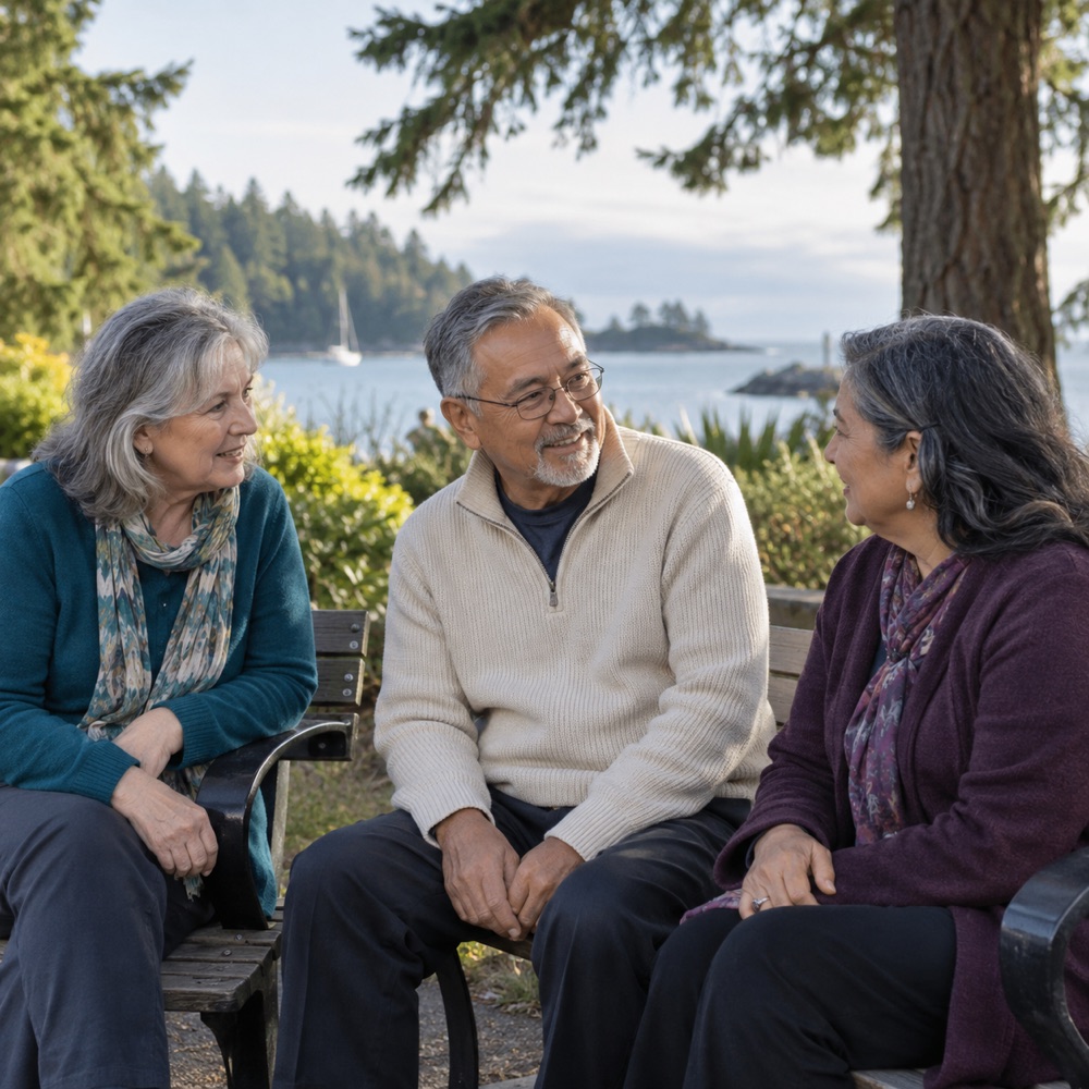Three older adults enjoying a conversation in a coastal park.