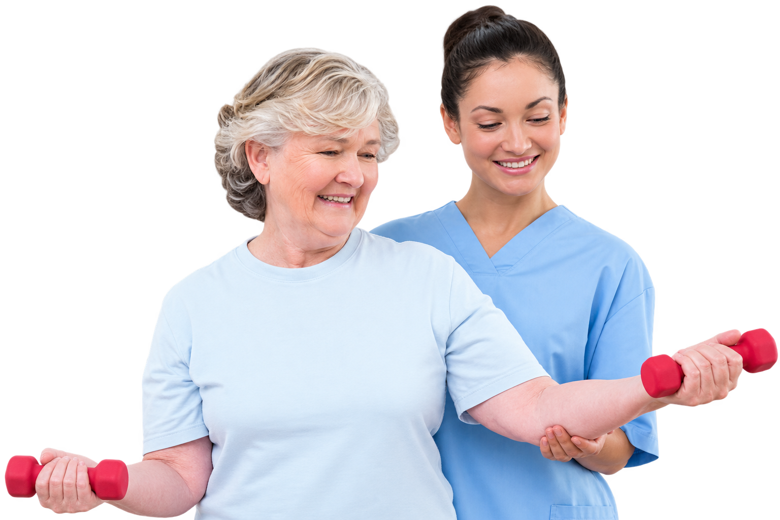 An older woman exercising with small dumbbells with support from a healthcare professional.