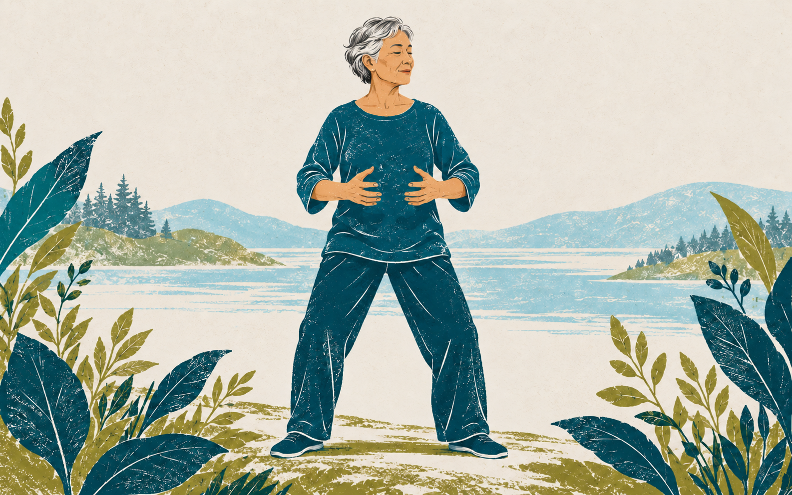 Illustration of an older adult practising Qi Gong beside a lake